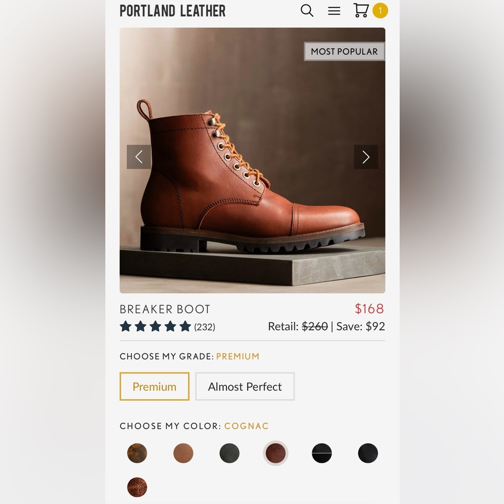 Portland Leather Goods Patina Brand Premium Breaker Boot in Cognac